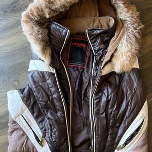 Runway New York Brown Chevron Padded Puffer Jacket with Faux Fur Trim Hood